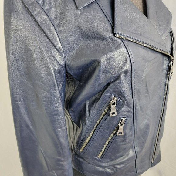 Tess Exotic Leather Biker Jacket Size Small Dark Blue 100% Sheepskin RARE UNIQUE - Picture 6 of 15